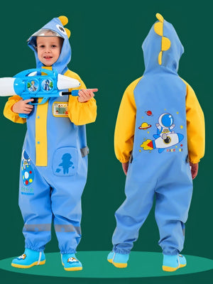 Little Surprise Box, Blue & Yellow Space Full Jumpsuit Style Raincoat for Toddlers and Kids - LSB - JS - BLUYELWSPACE - M