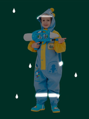 Little Surprise Box, Blue & Yellow Space Full Jumpsuit Style Raincoat for Toddlers and Kids - LSB - JS - BLUYELWSPACE - M