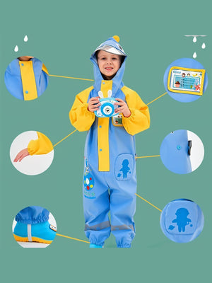 Little Surprise Box, Blue & Yellow Space Full Jumpsuit Style Raincoat for Toddlers and Kids - LSB - JS - BLUYELWSPACE - M