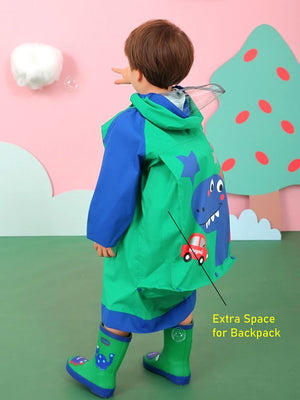 Little Surprise Box, Bottle Green Dino Knee Length Raincoat for Kids - 
