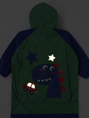 Little Surprise Box, Bottle Green Dino Knee Length Raincoat for Kids - 