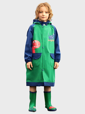 Little Surprise Box, Bottle Green Dino Knee Length Raincoat for Kids - 