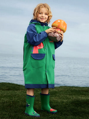 Little Surprise Box, Bottle Green Dino Knee Length Raincoat for Kids - 