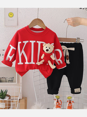 Little Surprise Box Bright Red Kids Teddy Soft Toy 2 Pcs Track Suit Set For Toddlers And Kids - Kids Winter Wear