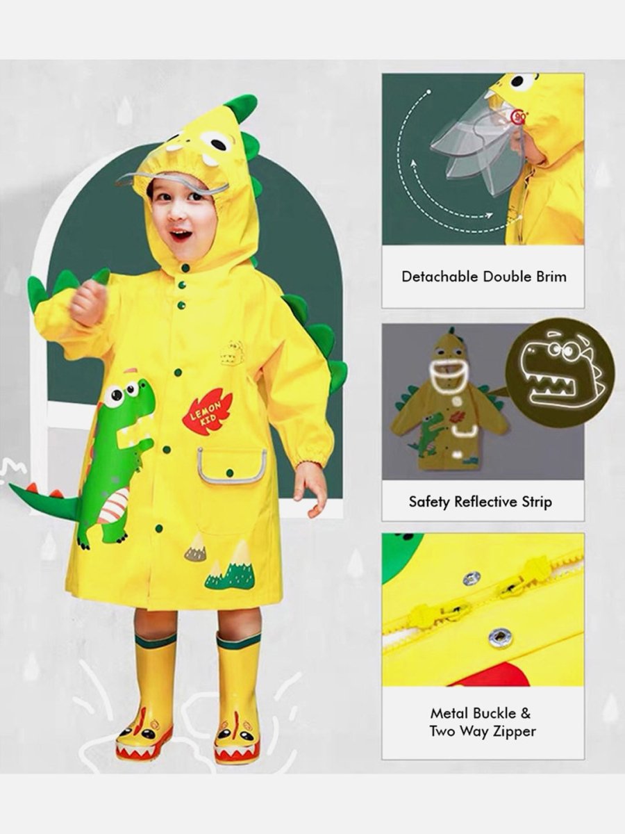 Little Surprise Box Bright Yellow 3d Dino Theme Raincoat for Kids - LSB-S4-RC-3D-DINO-SMALL