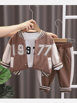 Little Surprise Box Brown & Cream 3 Pcs Varsity Jacket Styled Track Suit Set For Toddlers - LSB - 3PCS - BRWN1977TRCKS - 2 - 3Y