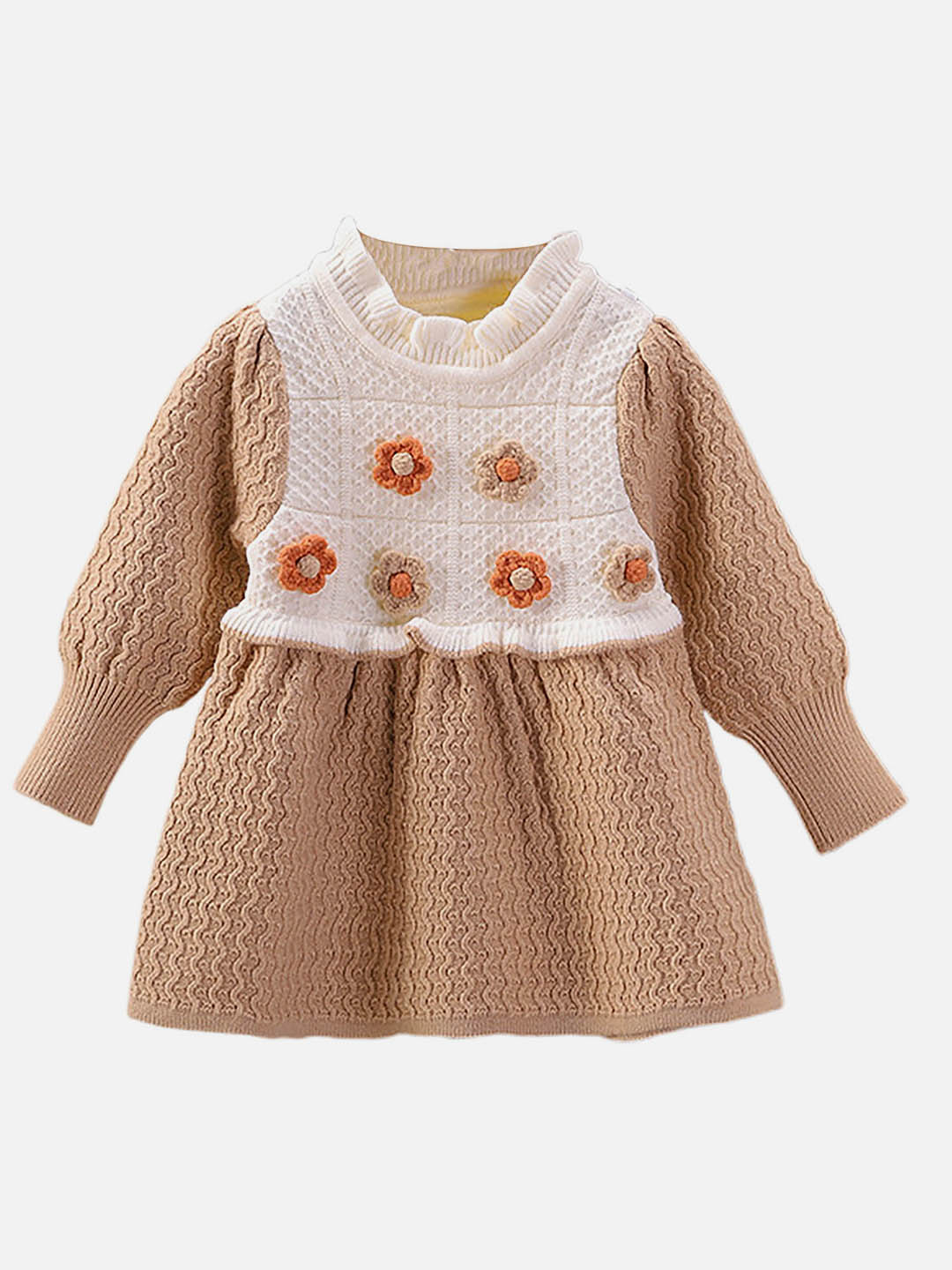 Little Surprise Box Brown & Cream Front floral Jacket patterned Knitted Frock Winterwear for girls - 2 - 3Y - LSB - FRK - BRWNCRMJACKT - 2 - 3Y
