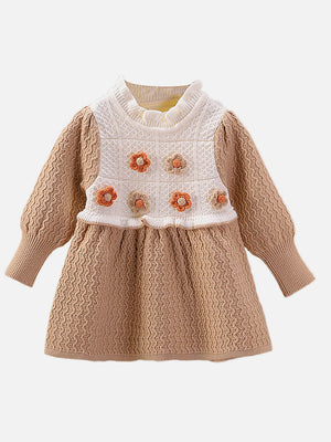 Little Surprise Box Brown & Cream Front floral Jacket patterned Knitted Frock Winterwear for girls - 2 - 3Y - LSB - FRK - BRWNCRMJACKT - 2 - 3Y