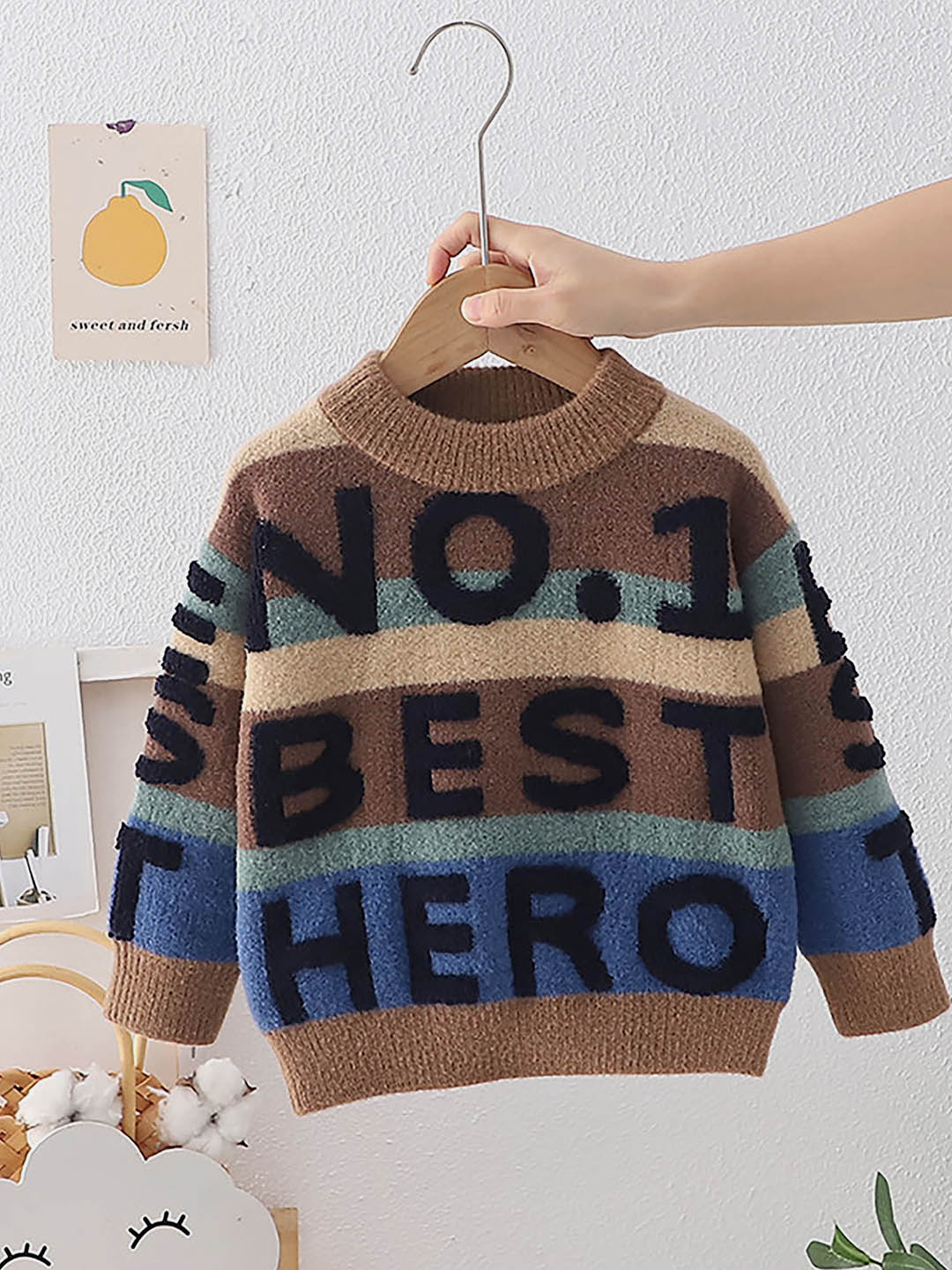 Little Surprise Box Brown No 1 Hero themed Knitted Warmer Cardigan Sweater for Kids - LSB - CARDI - BRWNO1HERO - 3 - 4Y