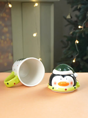 Little Surprise Box, Buttoned Penguin Lid Ceramic Hot Chocolate and Coffee Christmas Mug - Christmas Cutlery