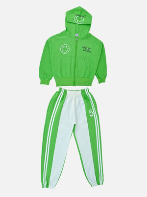 Little Surprise Box, Casual Smiley Green & White Stripes 2Pcs Track Suit Set For Kids & Tweens - Kids Winter Wear