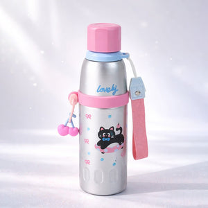 Little Surprise Box Cat Stripes Stainless Steel Kids Water Bottle – 520 ml - Water Bottle- kept on a white surface against a shiny background