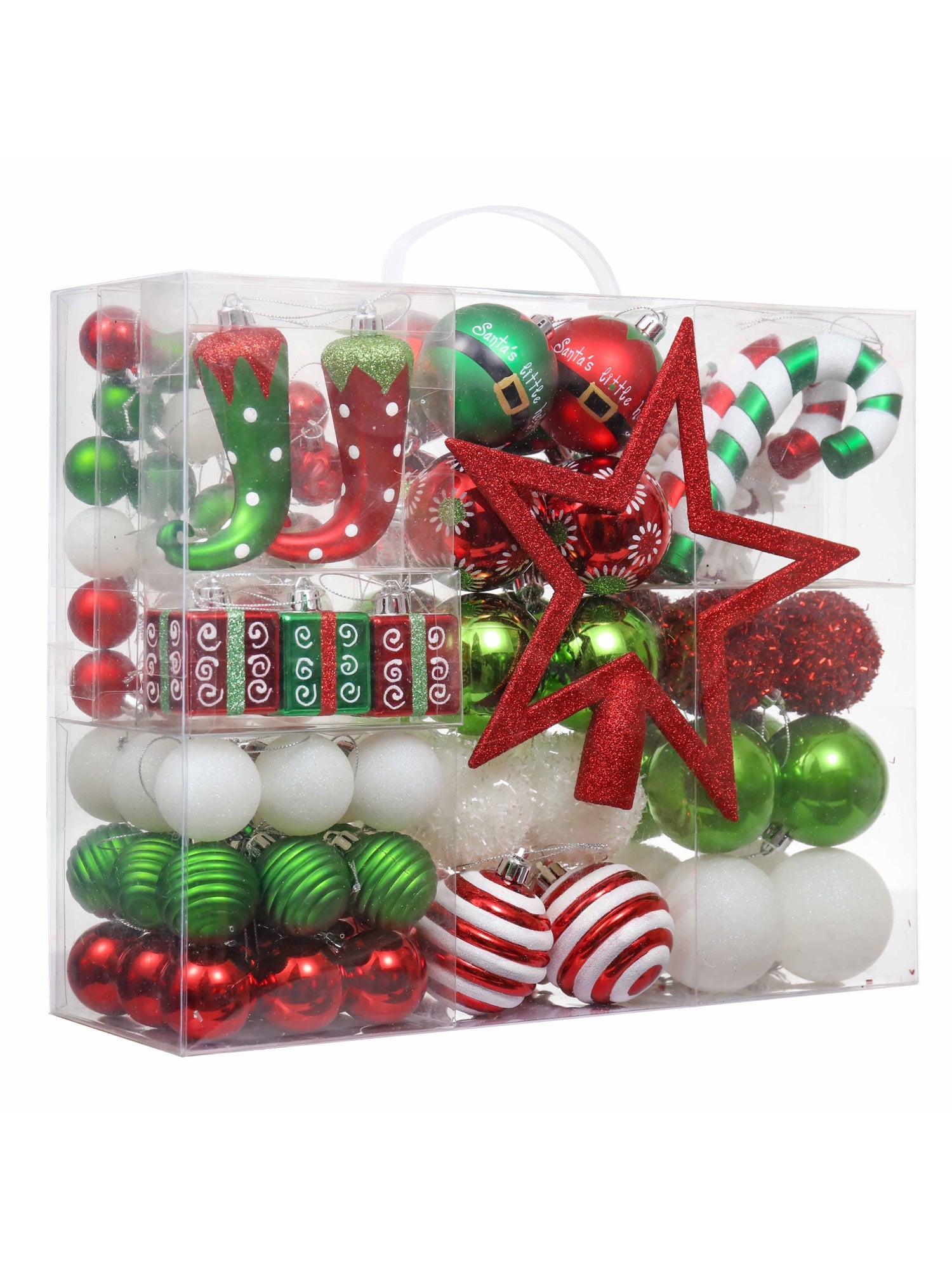 Little Surprise Box Christmas Ball Ornaments X - Mas Tree Hanging Decorations Red & Green theme Christmas Balls, 100 pcs Box Set. - LSB - CMS - 100GRNELF - BALLS