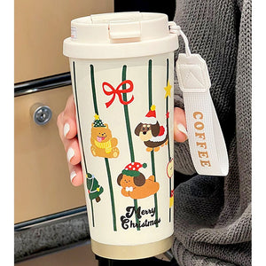 Little Surprise Box Christmas Dogs & Teddy, Christmas themed, Xmas stainless steel Coffee/Water Tumbler Bottle, 500ml with free cleaning brush - XMAS BOTTLES