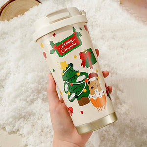 Little Surprise Box Christmas Tree & Bear Cupcake, xmas themed, stainless steel Coffee/Water Tumbler Bottle, 500ml with free cleaning brush - Xmas Bottles