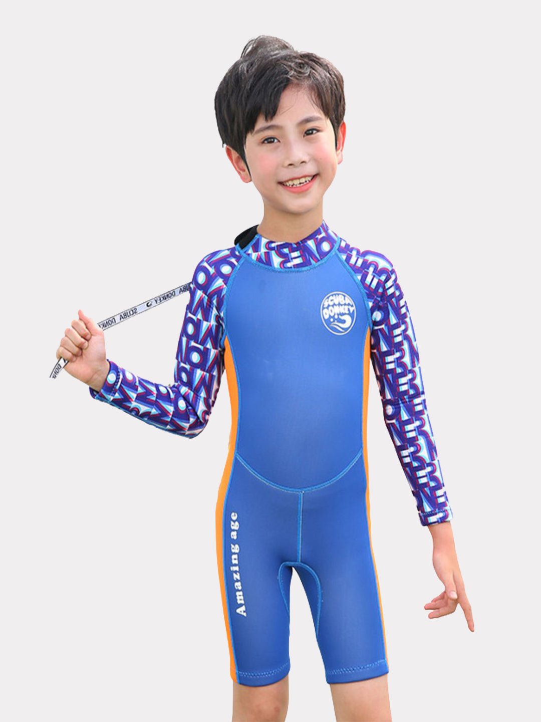Little Surprise Box Cobalt Sleeves Orange knee Length Scuba 2.5mm Neoprene Swimwear for Kids - LSB - SW - COBPRNTSLVNEOKN - SD - 2 - 3Y