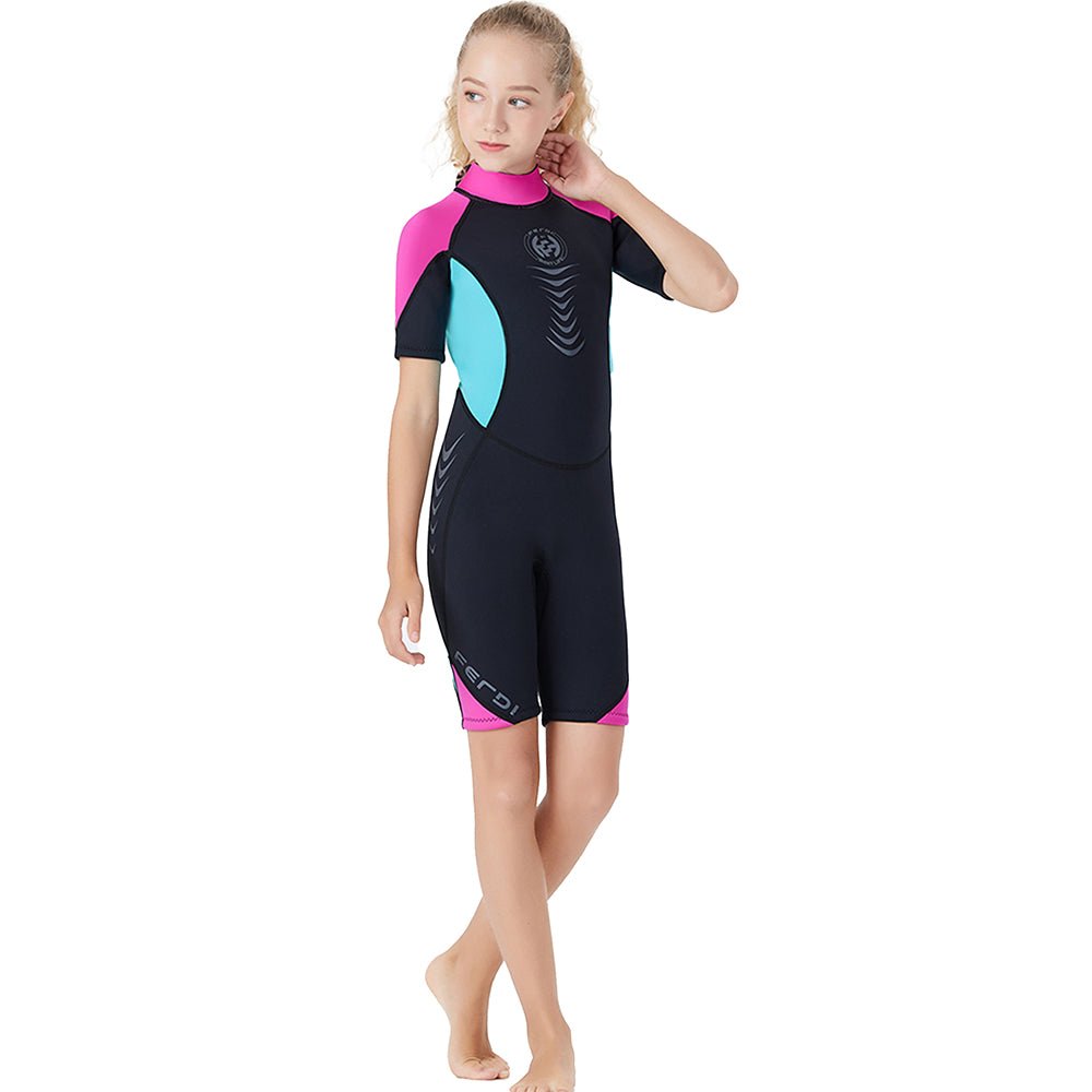 Little Surprise Box Colorblock Pink & Black 2.5mm Neoprene Knee Length, Half Sleeves Kids Swimwear - LSB-SW-CLRBL0CKPNKBLCK-S
