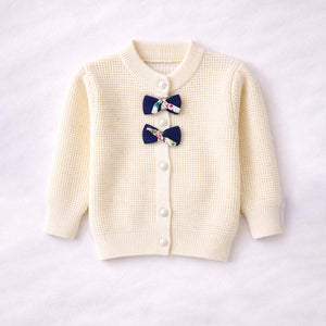 Little Surprise Box Cream & Blue Bow Knitted Warmer Cardigan, Winter Cardigan Sweater for Kids - 1 - 2 Years Kids Sweater