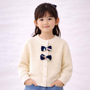 Little Surprise Box Cream & Blue Bow Knitted Warmer Cardigan, Winter Cardigan Sweater for Kids - 1 - 2 Years Kids Sweater