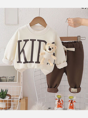 Little Surprise Box Cream & Brown Kids Teddy Soft Toy 2 Pcs Track Suit Set For Toddlers And Kids - LSB - 2PCS - CRMKIDTRCKS - 2 - 3Y