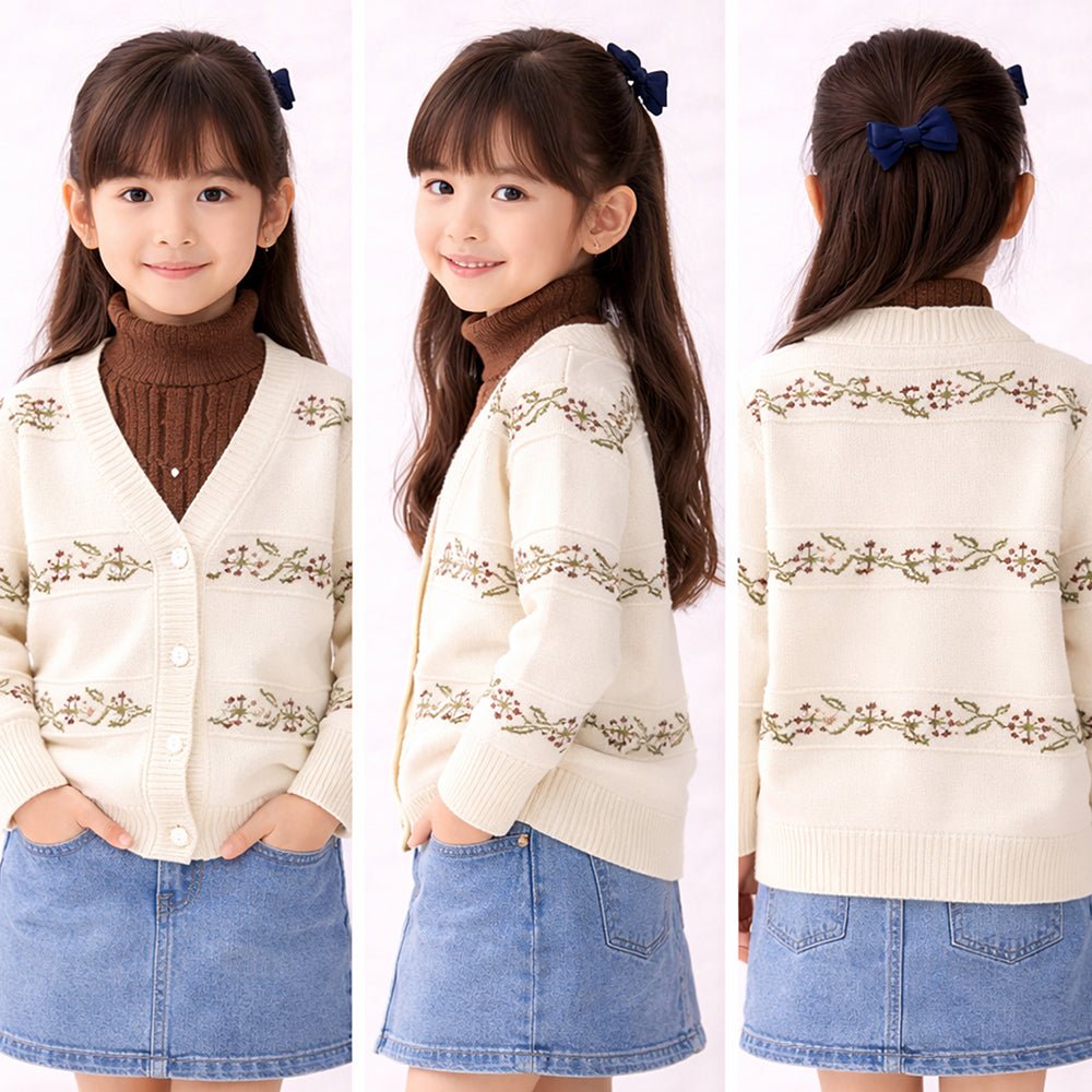 Little Surprise Box Cream & Brown Leaf Pattern High - Neck Cardigan, Winter Cardigan Sweater for Kids - 2 - 3 Years Kids Sweater