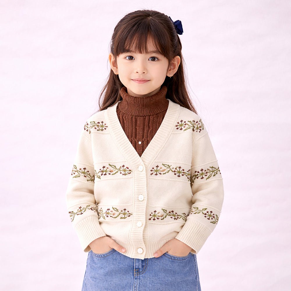 Little Surprise Box Cream & Brown Leaf Pattern High - Neck Cardigan, Winter Cardigan Sweater for Kids - 2 - 3 Years Kids Sweater