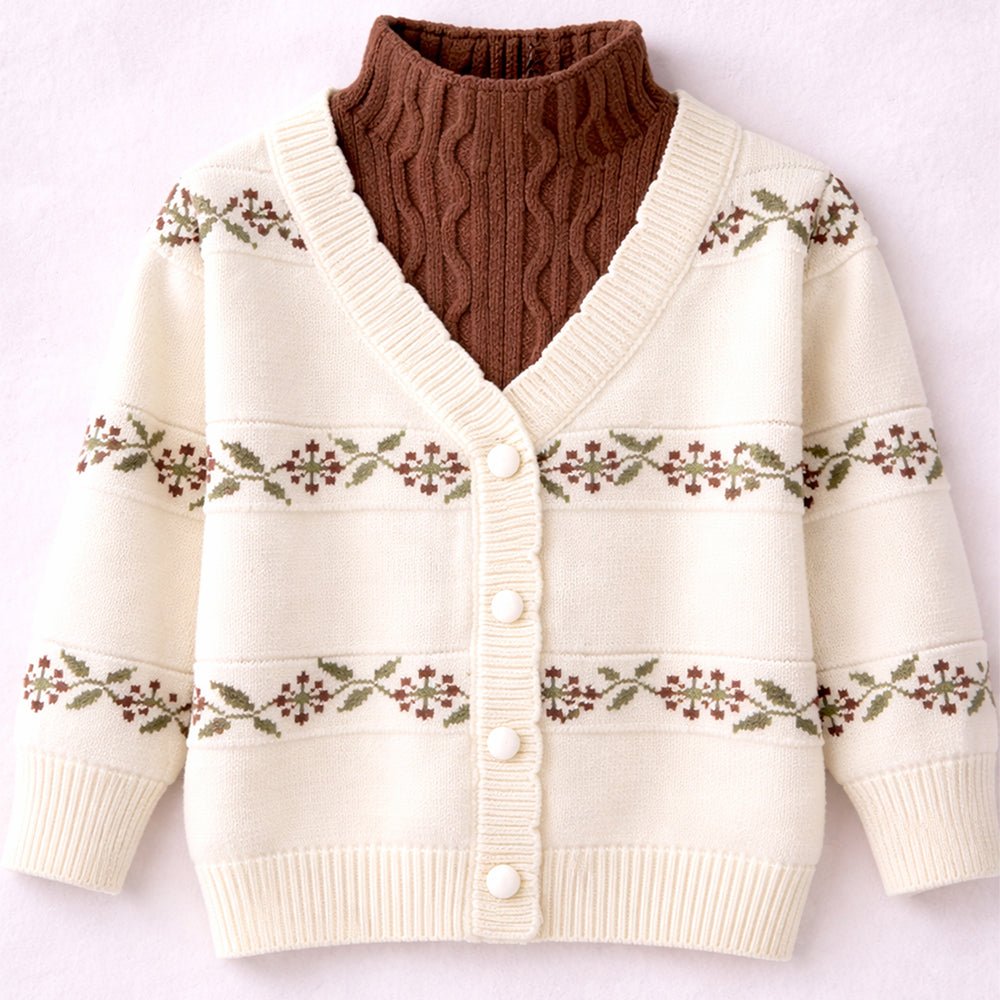 Little Surprise Box Cream & Brown Leaf Pattern High - Neck Cardigan, Winter Cardigan Sweater for Kids - 2 - 3 Years Kids Sweater