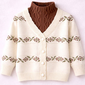 Little Surprise Box Cream & Brown Leaf Pattern High - Neck Cardigan, Winter Cardigan Sweater for Kids - 2 - 3 Years Kids Sweater