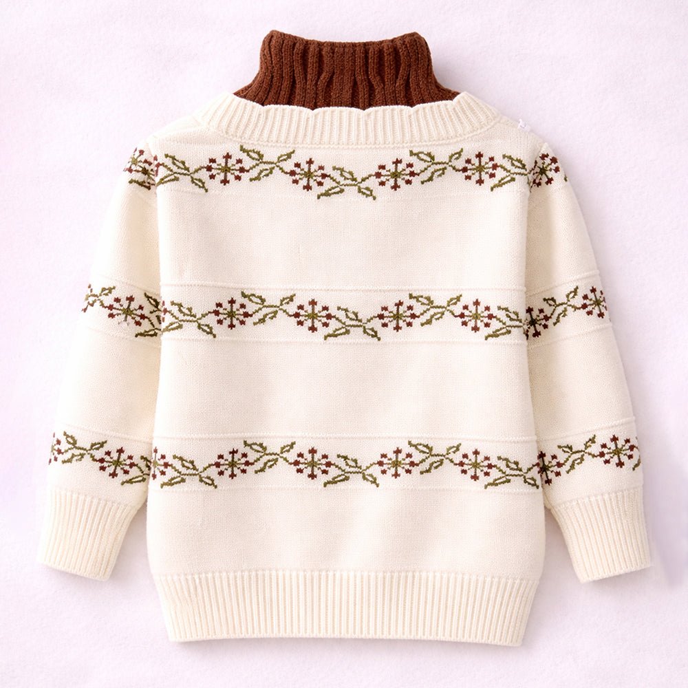 Little Surprise Box Cream & Brown Leaf Pattern High - Neck Cardigan, Winter Cardigan Sweater for Kids - 2 - 3 Years Kids Sweater