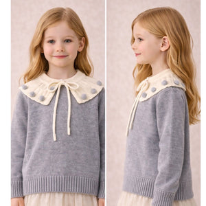 Little Surprise Box Cream & Grey Dot Collar Winter Cardigan, Winter Cardigan Sweater for Kids - 2 - 3 Years Kids Sweater