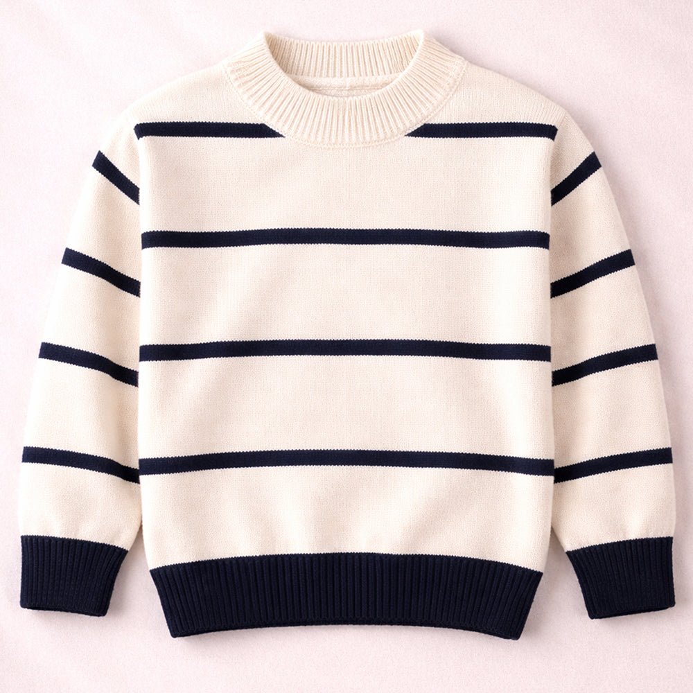 Little Surprise Box Cream & Navy Stripes Cardigan with Muffler, Winter Cardigan Sweater for Kids - 4 - 5 Years Kids Sweater