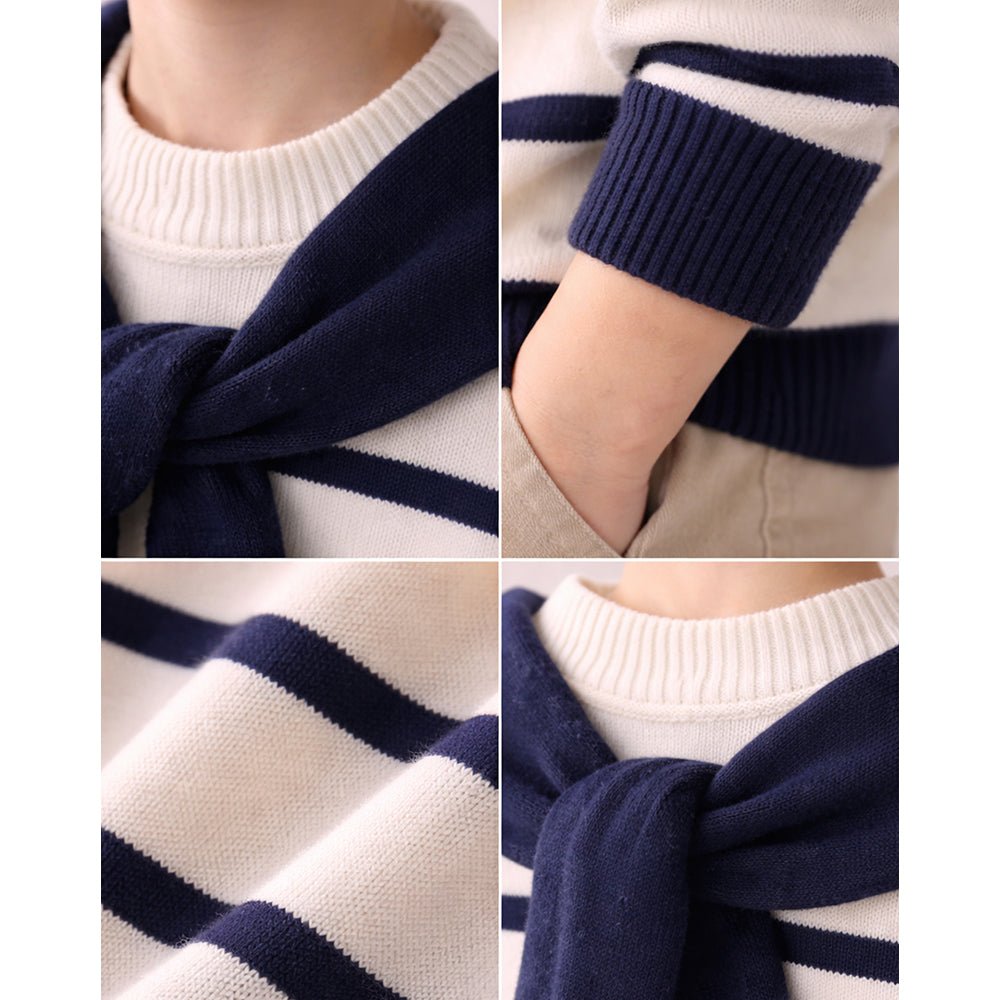 Little Surprise Box Cream & Navy Stripes Cardigan with Muffler, Winter Cardigan Sweater for Kids - 4 - 5 Years Kids Sweater
