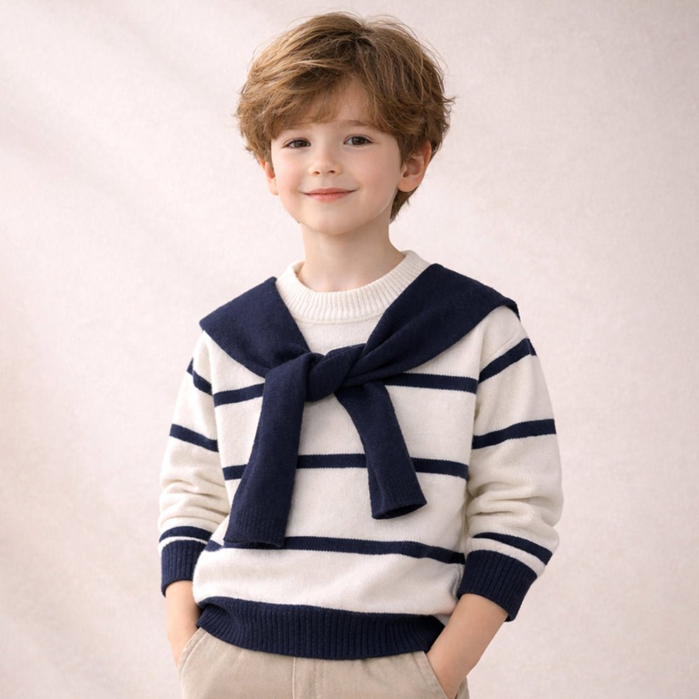 Little Surprise Box Cream & Navy Stripes Cardigan with Muffler, Winter Cardigan Sweater for Kids - 4 - 5 Years Kids Sweater
