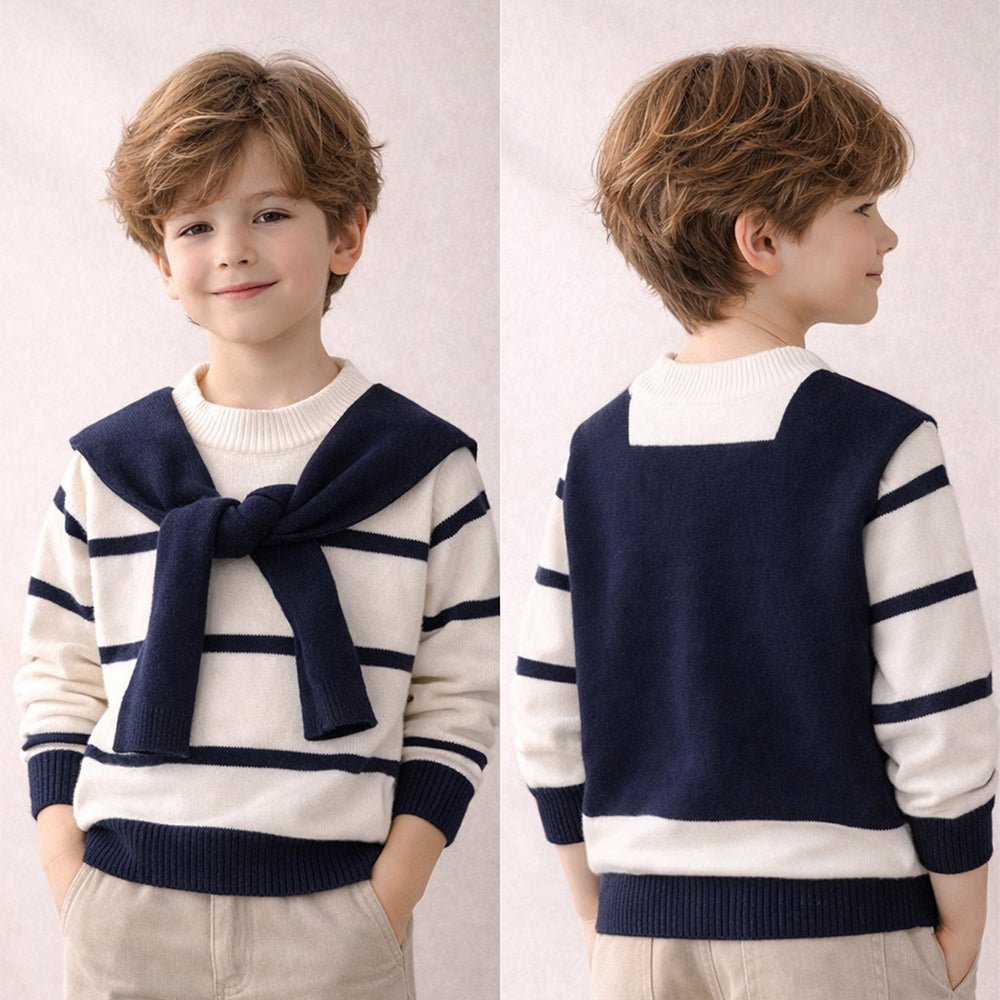 Little Surprise Box Cream & Navy Stripes Cardigan with Muffler, Winter Cardigan Sweater for Kids - 4 - 5 Years Kids Sweater