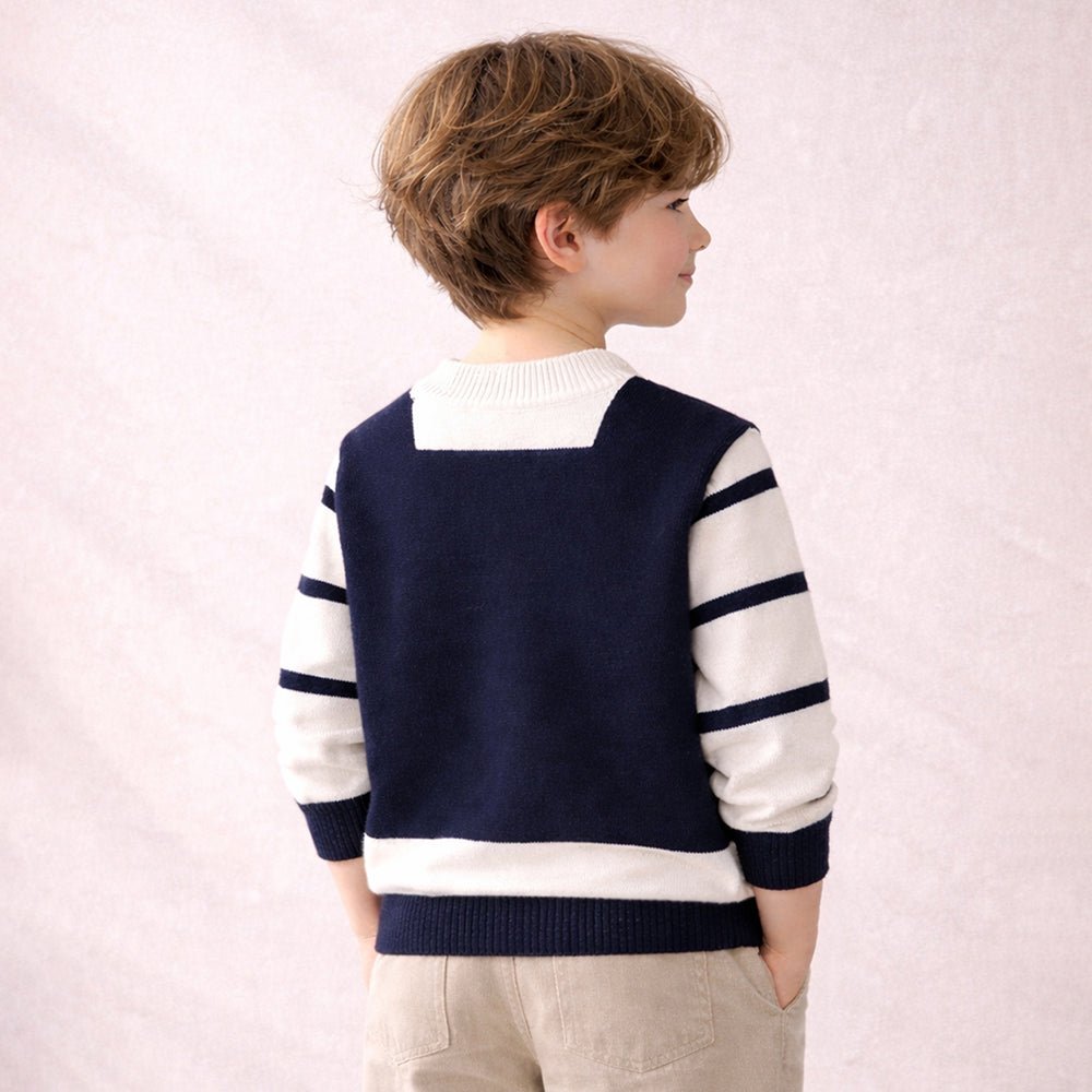 Little Surprise Box Cream & Navy Stripes Cardigan with Muffler, Winter Cardigan Sweater for Kids - 4 - 5 Years Kids Sweater