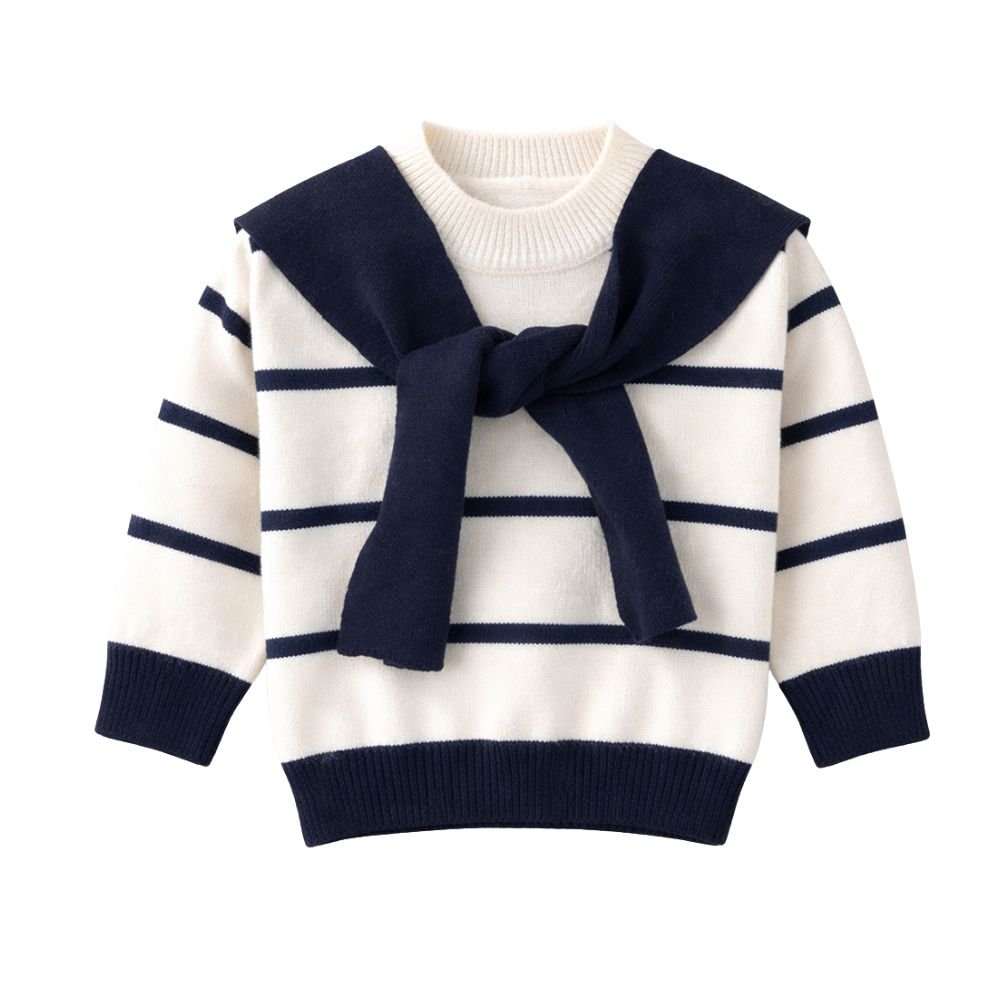 Little Surprise Box Cream & Navy Stripes Cardigan with Muffler, Winter Cardigan Sweater for Kids - 4 - 5 Years Kids Sweater