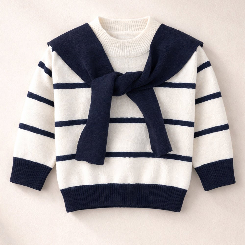 Little Surprise Box Cream & Navy Stripes Cardigan with Muffler, Winter Cardigan Sweater for Kids - 4 - 5 Years Kids Sweater
