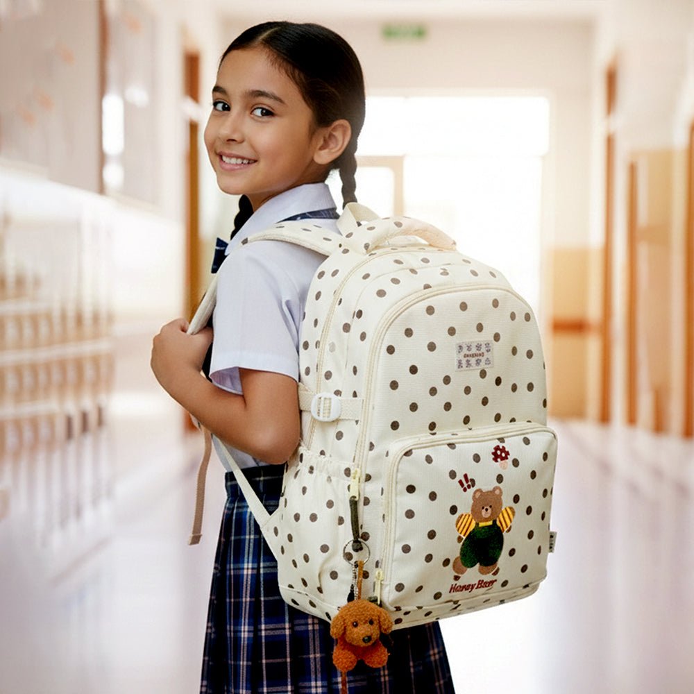 Little Surprise Box Cream Polka Dot Honey Bear Print School Backpack with Detachable Plush Dog Keychain for Kids - School Bag