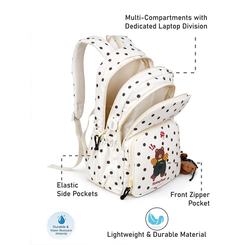 Little Surprise Box Cream Polka Dot Honey Bear Print School Backpack with Detachable Plush Dog Keychain for Kids - School Bag