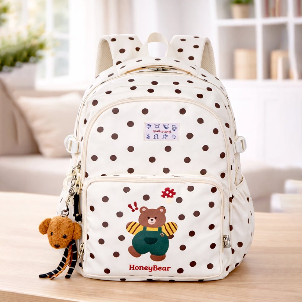 Little Surprise Box Cream Polka Dot Honey Bear Print School Backpack with Detachable Plush Dog Keychain for Kids - School Bag