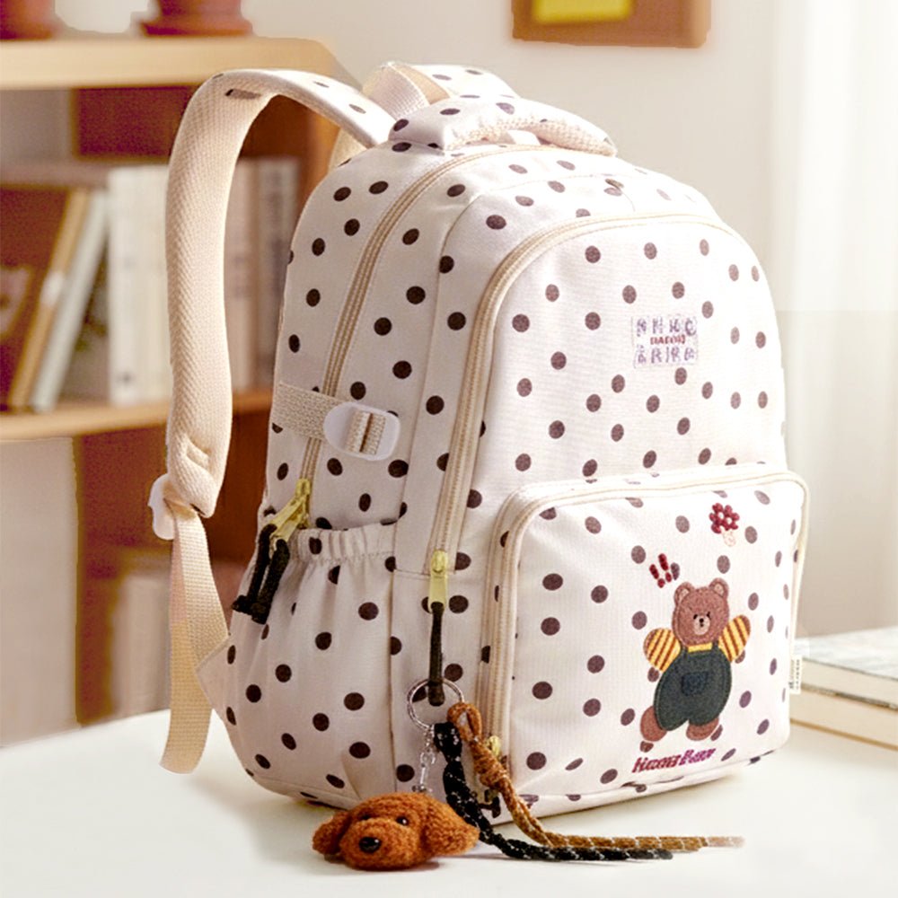 Little Surprise Box Cream Polka Dot Honey Bear Print School Backpack with Detachable Plush Dog Keychain for Kids - School Bag
