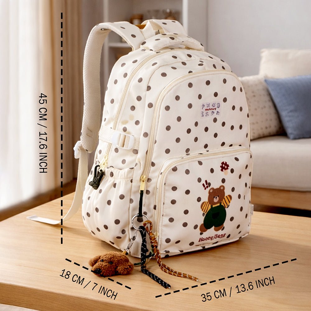 Little Surprise Box Cream Polka Dot Honey Bear Print School Backpack with Detachable Plush Dog Keychain for Kids - School Bag