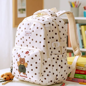Little Surprise Box Cream Polka Dot Honey Bear Print School Backpack with Detachable Plush Dog Keychain for Kids - School Bag