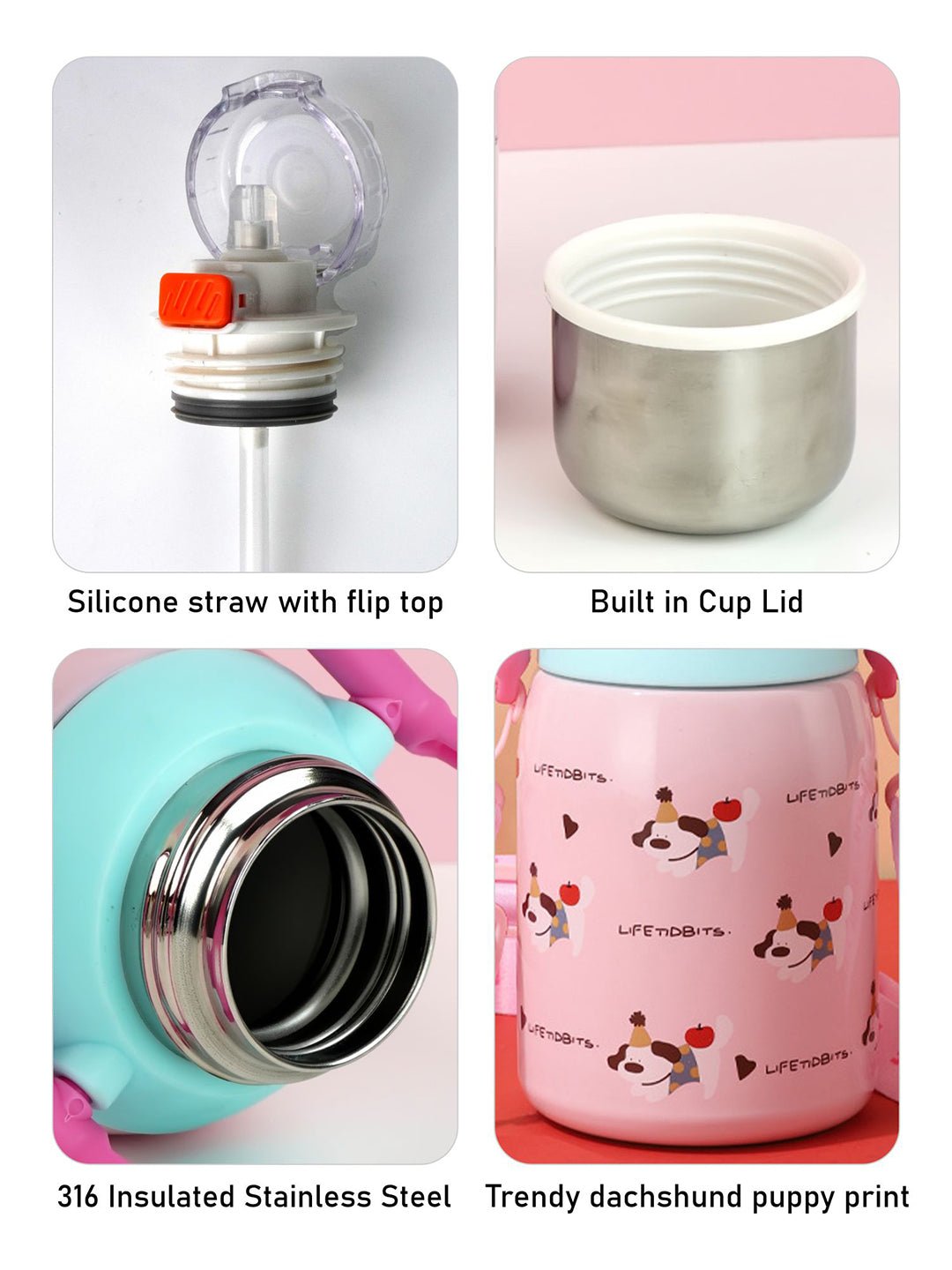 Little Surprise Box, Dachshund Puppy Stainless Steel Premium Insulated Water Bottle, 800ML - LSB - WB - PARTYHAT - PUPY