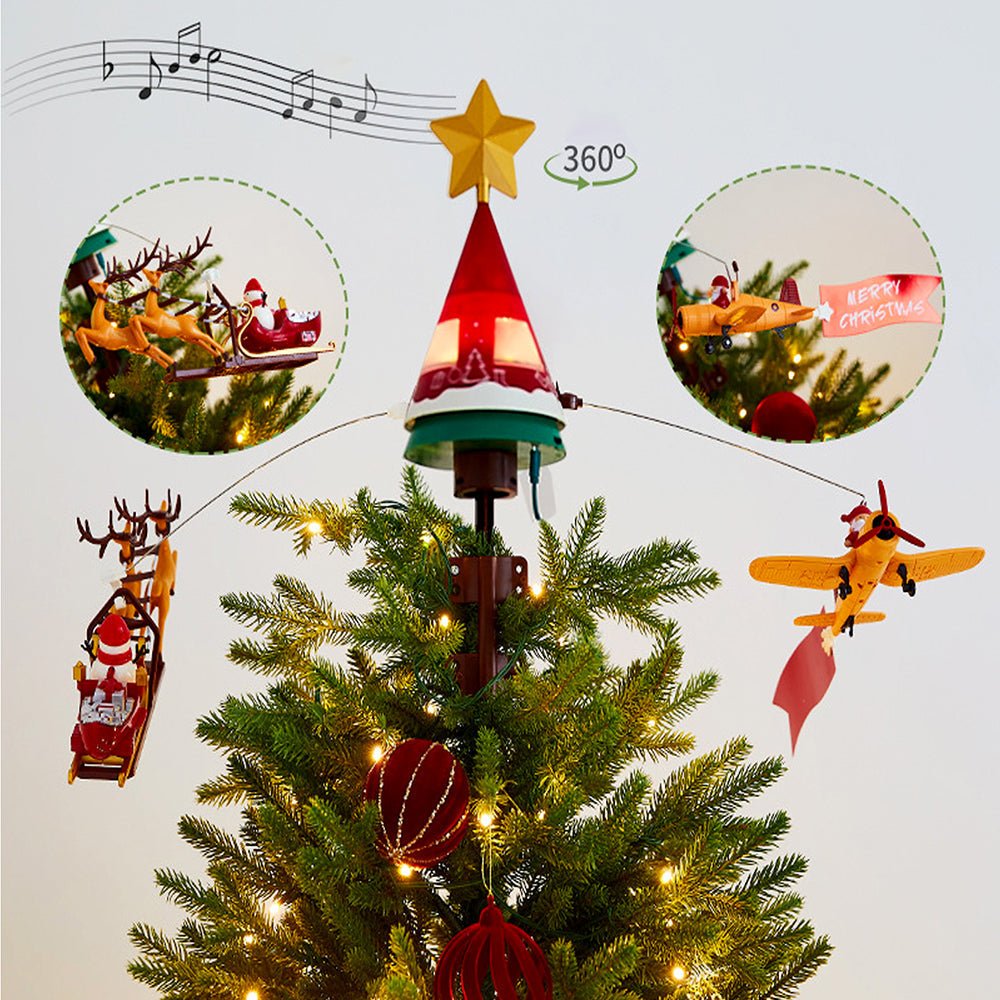 Little Surprise Box Dual Plane and Santa Carriage Rotating Christmas Tree Animated Topper. - Christmas Decor