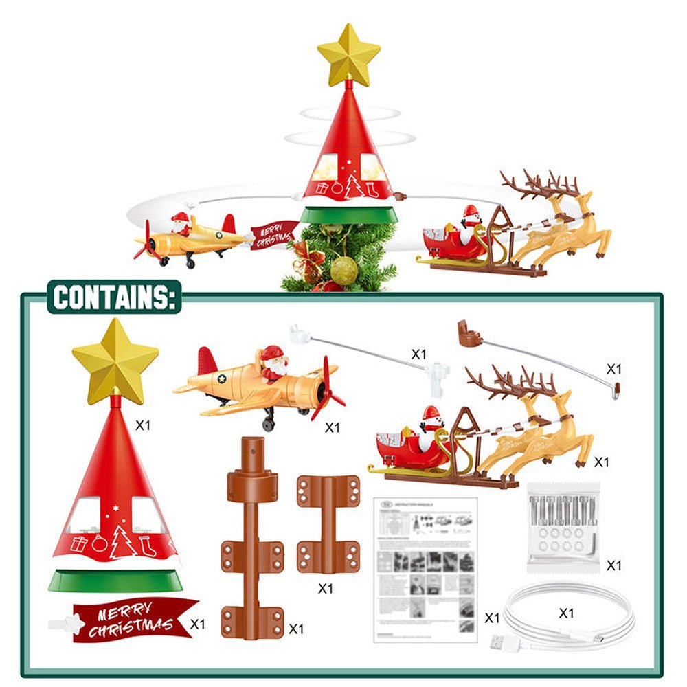 Little Surprise Box Dual Plane and Santa Carriage Rotating Christmas Tree Animated Topper. - Christmas Decor