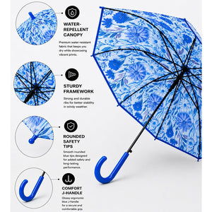 Little Surprise Box, Floral Tile Print Umbrella for Teens & Adults - Blue Umbrella