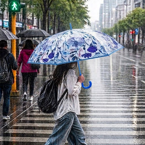 Little Surprise Box, Floral Tile Print Umbrella for Teens & Adults - Blue Umbrella