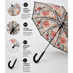 Little Surprise Box, Floral Tile Print Umbrella for Teens & Adults - Black Umbrella