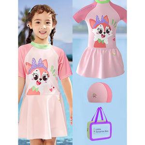 Cute Foxy Frock style Kids Swimwear with attached shorts and matching Swim Cap for kids with UPF 50+  - Little Surprise BoxCute Foxy Frock style Kids Swimwear with attached shorts and matching Swim Cap for kids with UPF 50+ 